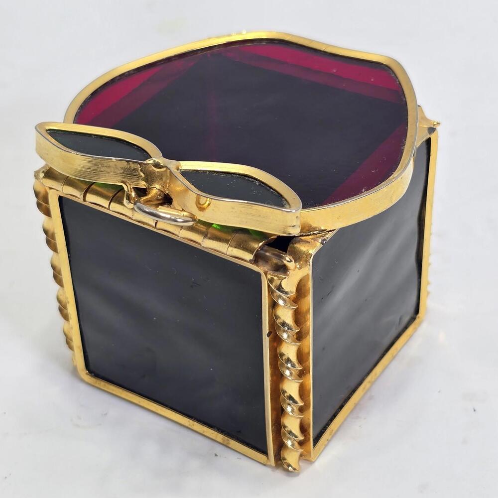 Stained Glass Apple Trinket Box with Gold Trim and Hinged Lid Vintage Decor - Picture 4 of 14